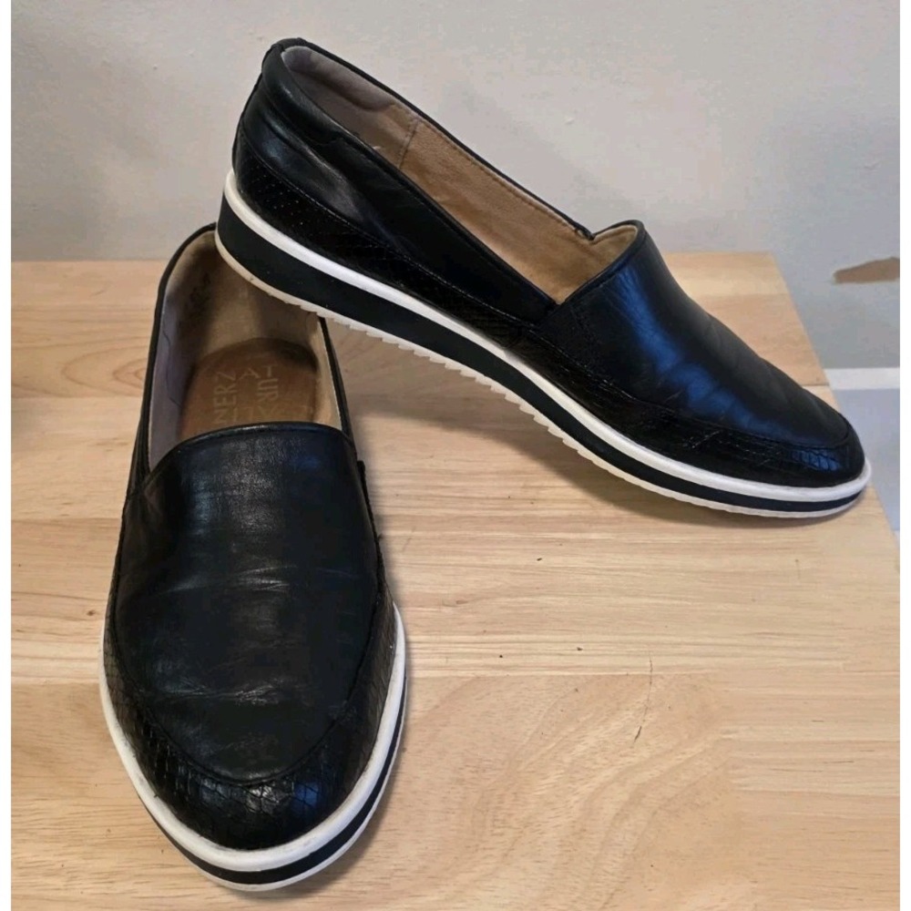Naturalizer Womens 6.5 BEALE Slip On Loafers Black Leather Croc Trim White Sole